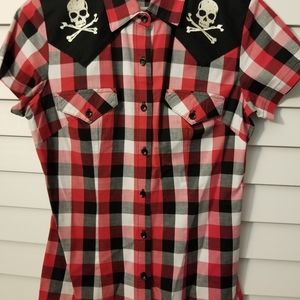 Savage red/black/checkered rockabilly button down top.